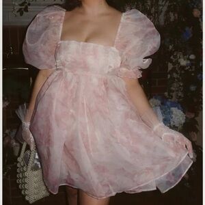 Selkie Puff Organza Pink Floral Square Neck Puff Sleeve Formal Mini Dress Medium